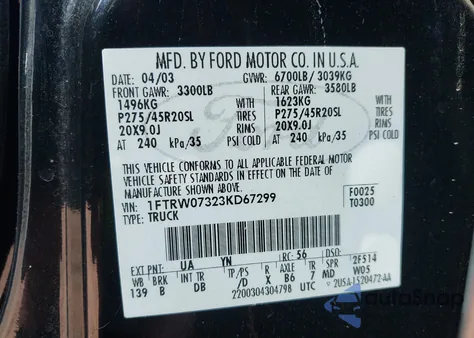 2003 Ford F-150 Lariat from USA, damaged, VIN 1FTRW07323KD67299